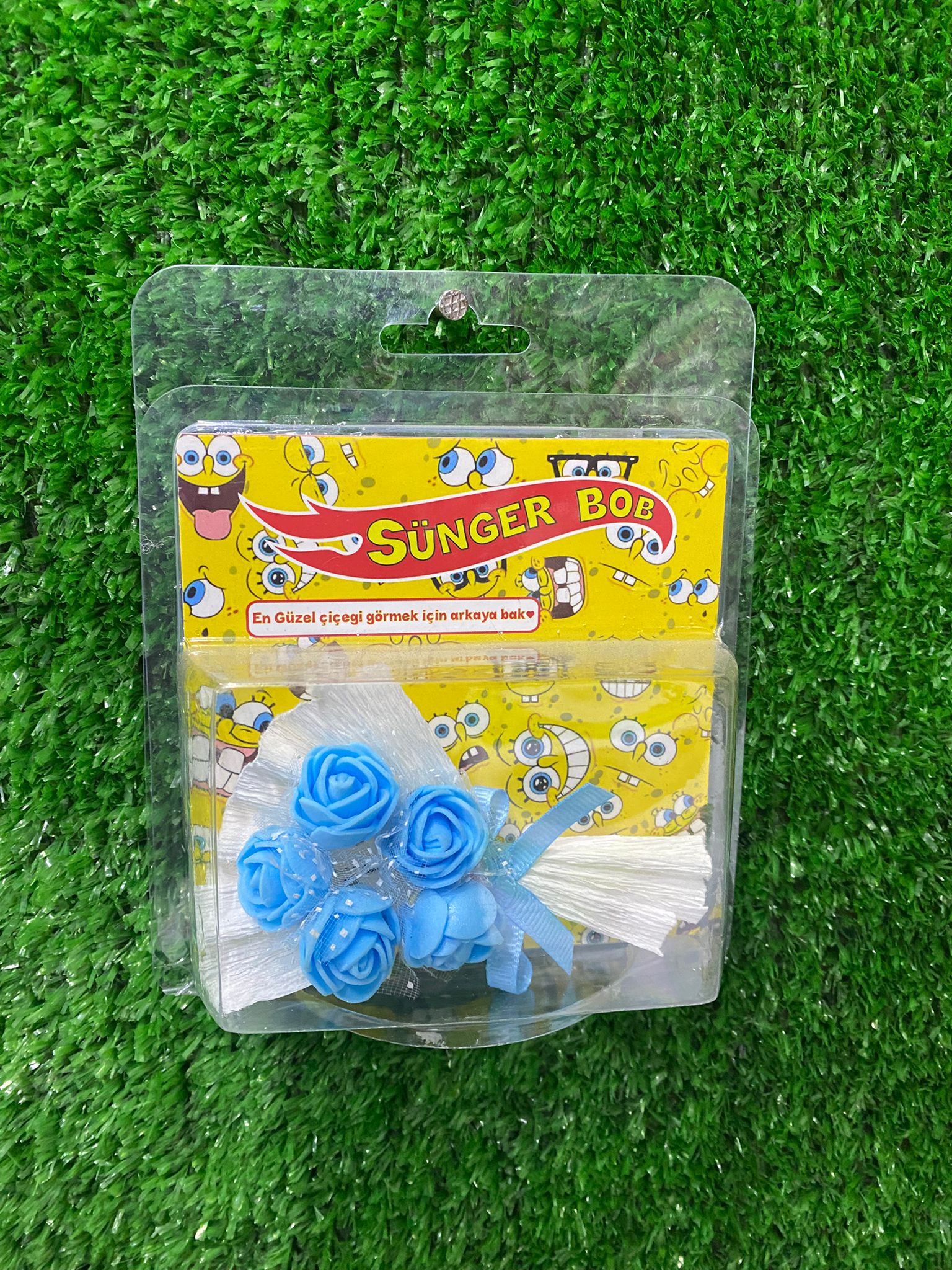 Aynalı Hot Flowers Mini Gül Buketi – Sünger Bob (Mavi)